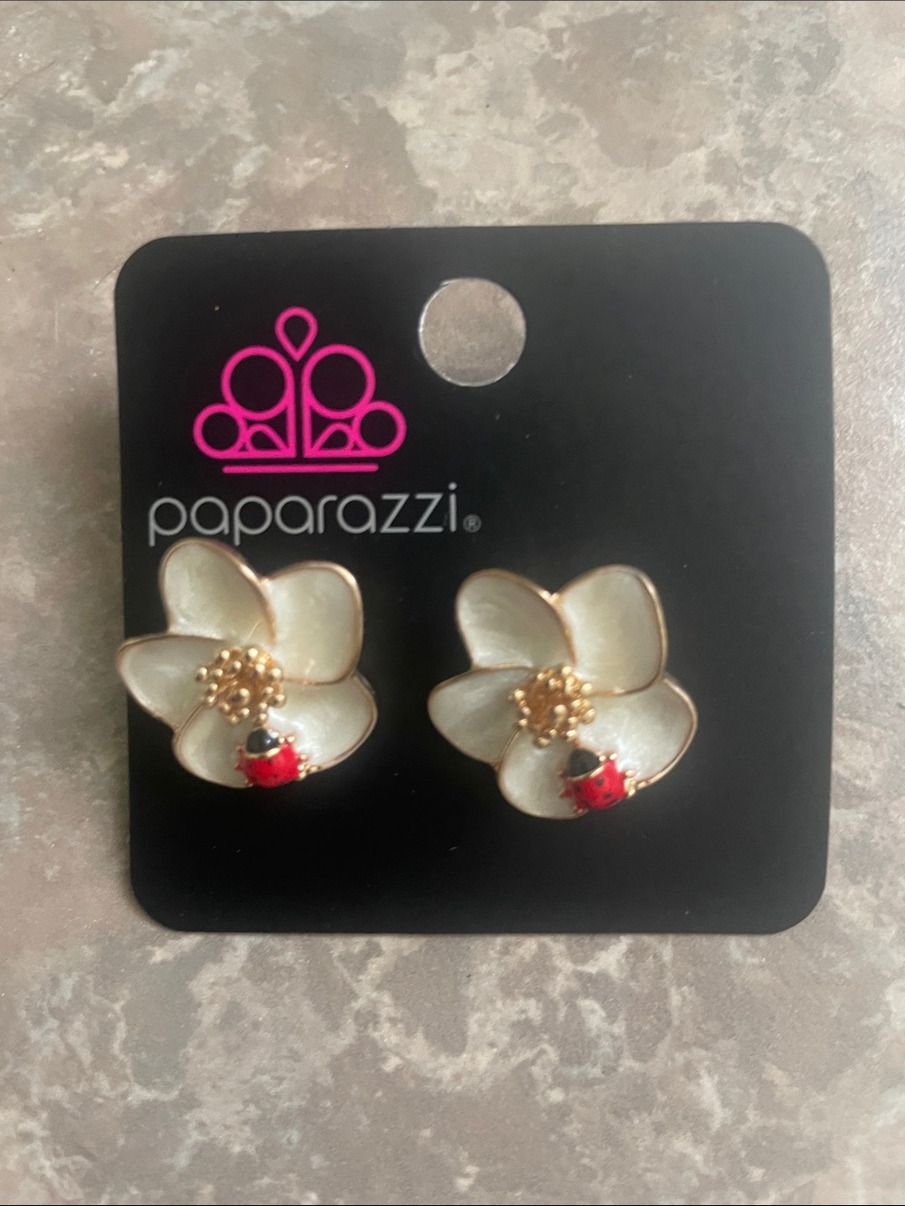 paparazzi White Enamel Flower Stud Earrings with Red Ladybug Accent